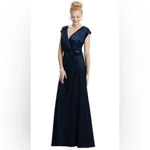 Dessy Collection Charmeuse V Neck Satin Blouson Faux Wrap Gown 12 Midnight Navy